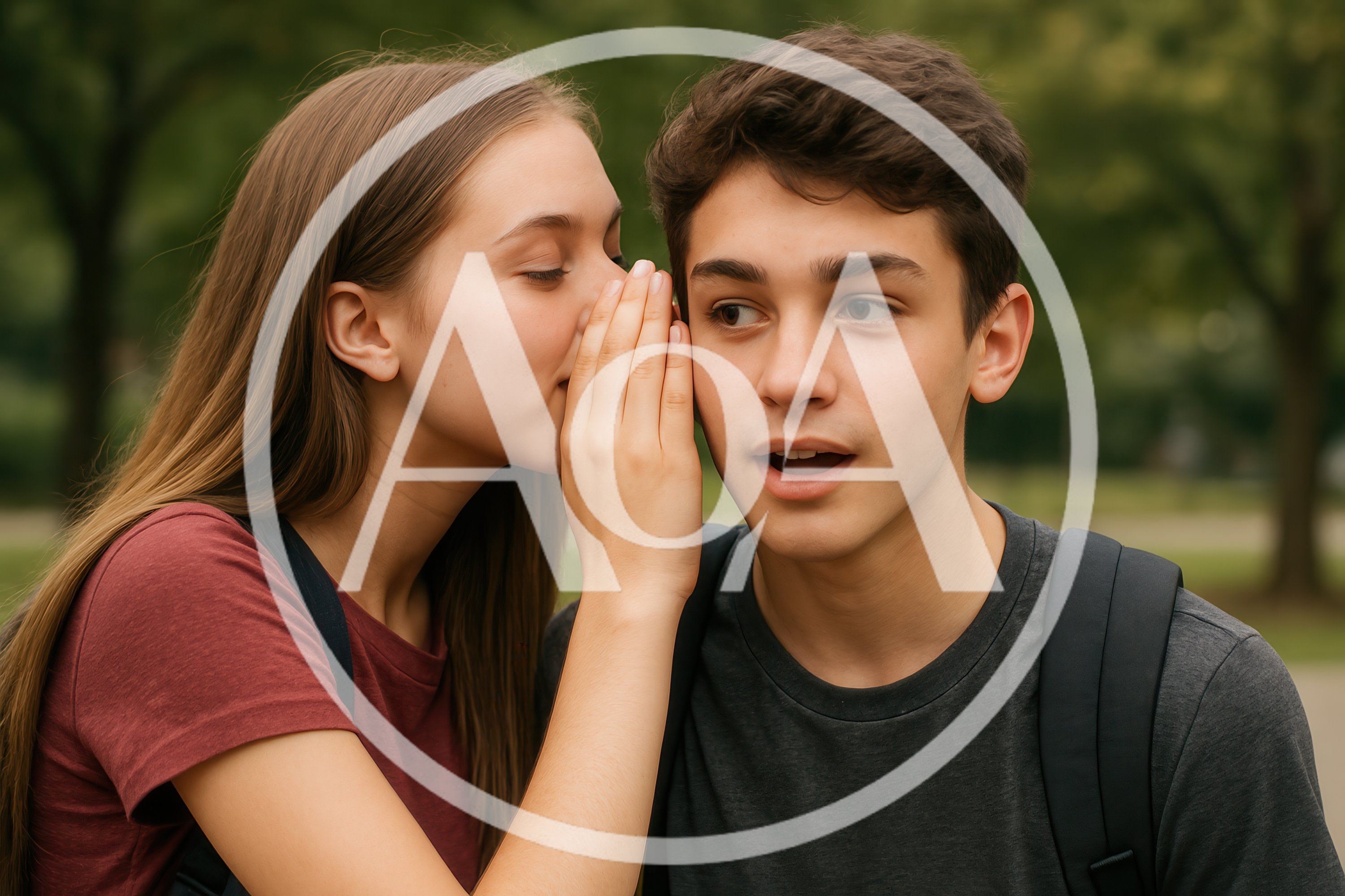 Teenage Girl Whispering Secret to Surprised Boy