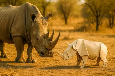 Real Rhinoceros Facing An Origami Paper Rhinoceros