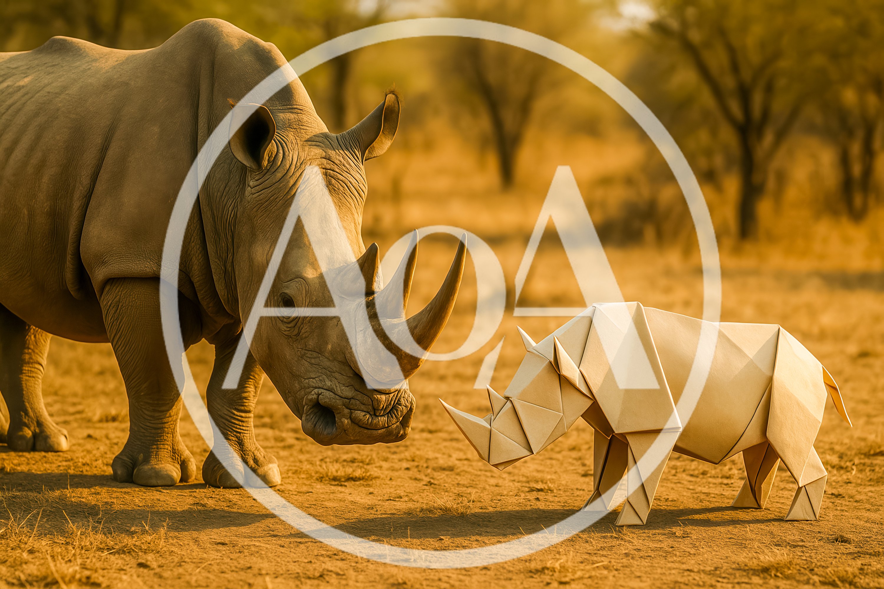 Real Rhinoceros Facing An Origami Paper Rhinoceros