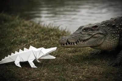 Real Crocodile Facing A White Paper Origami Crocodile