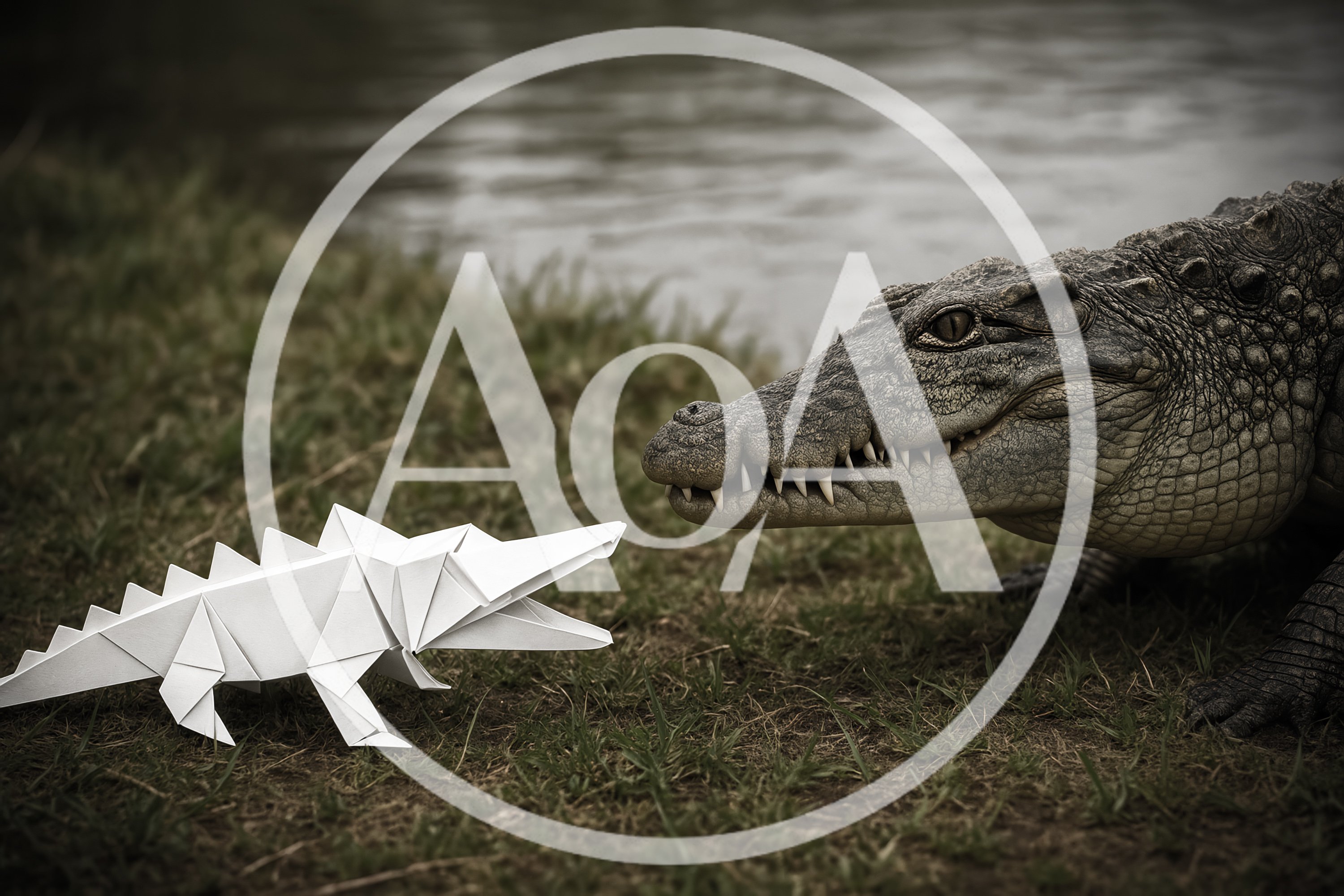 Real Crocodile Facing A White Paper Origami Crocodile