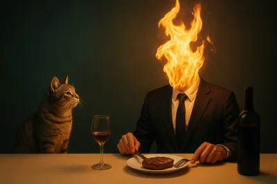Surreal Man With Flaming Head Dining With A Cat