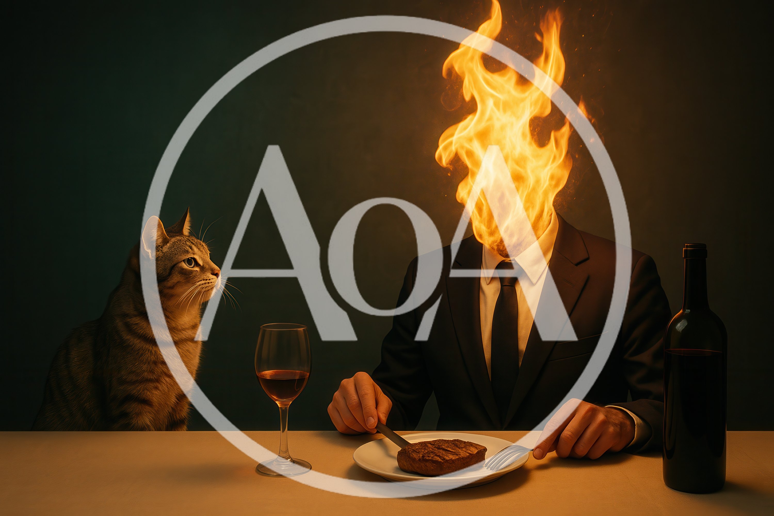 Surreal Man With Flaming Head Dining With A Cat