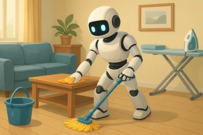 White Robot Cleaning Living Room With Mop And Cloth
