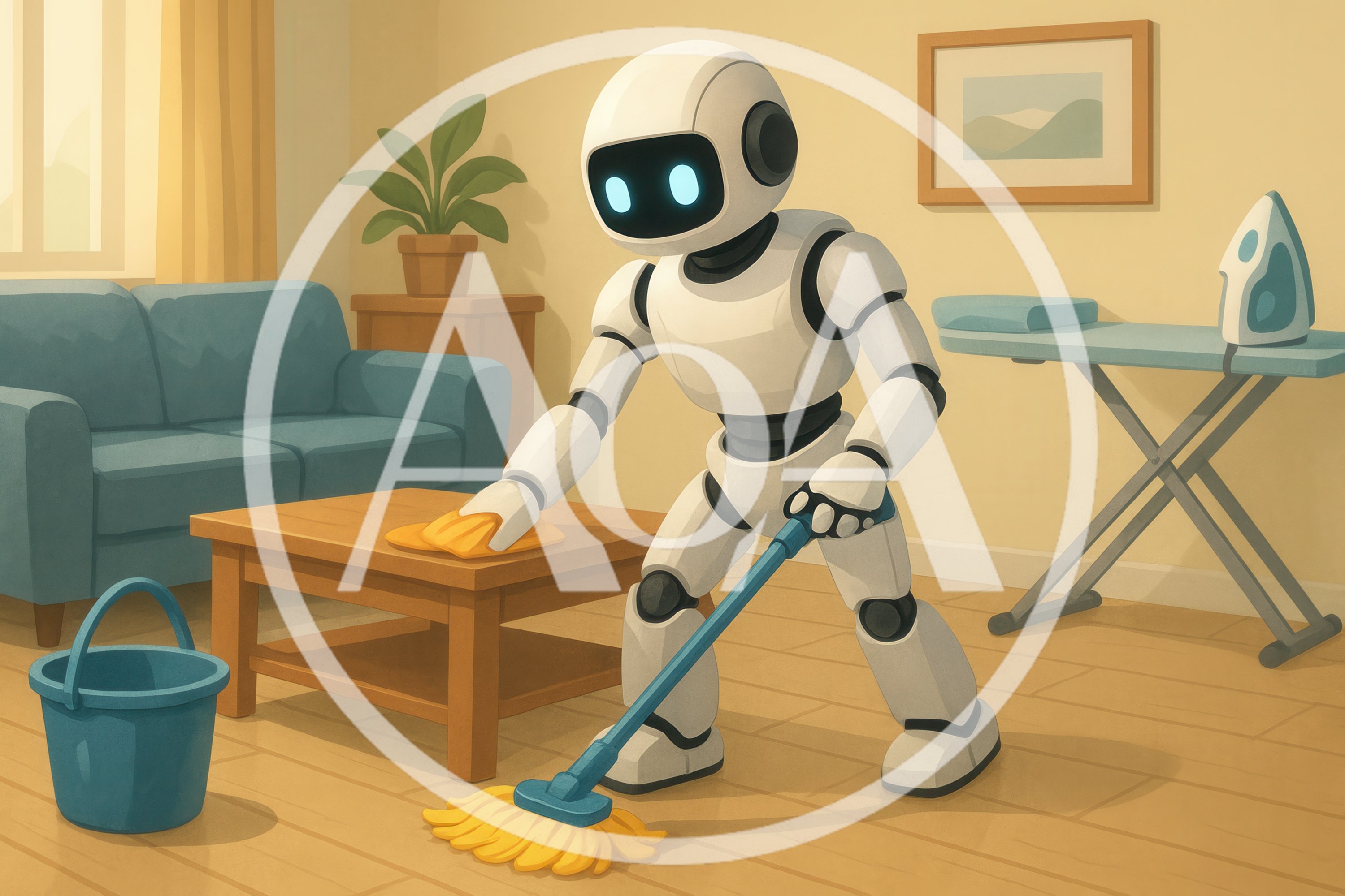 White Robot Cleaning Living Room With Mop And Cloth