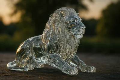 Crystal Lion Sculpture Resting Outdoors At Sunset