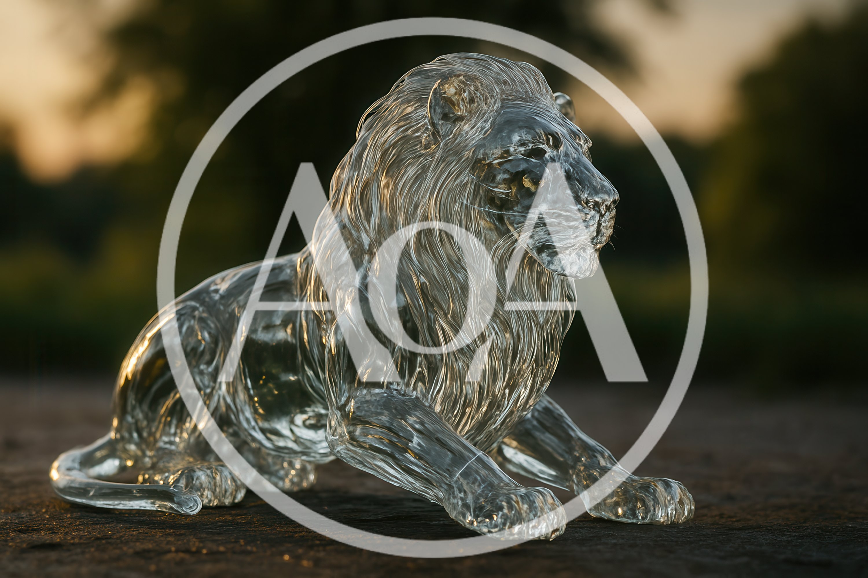 Crystal Lion Sculpture Resting Outdoors At Sunset