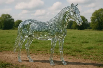 Transparent Glass Horse Sculpture Standing In A Field