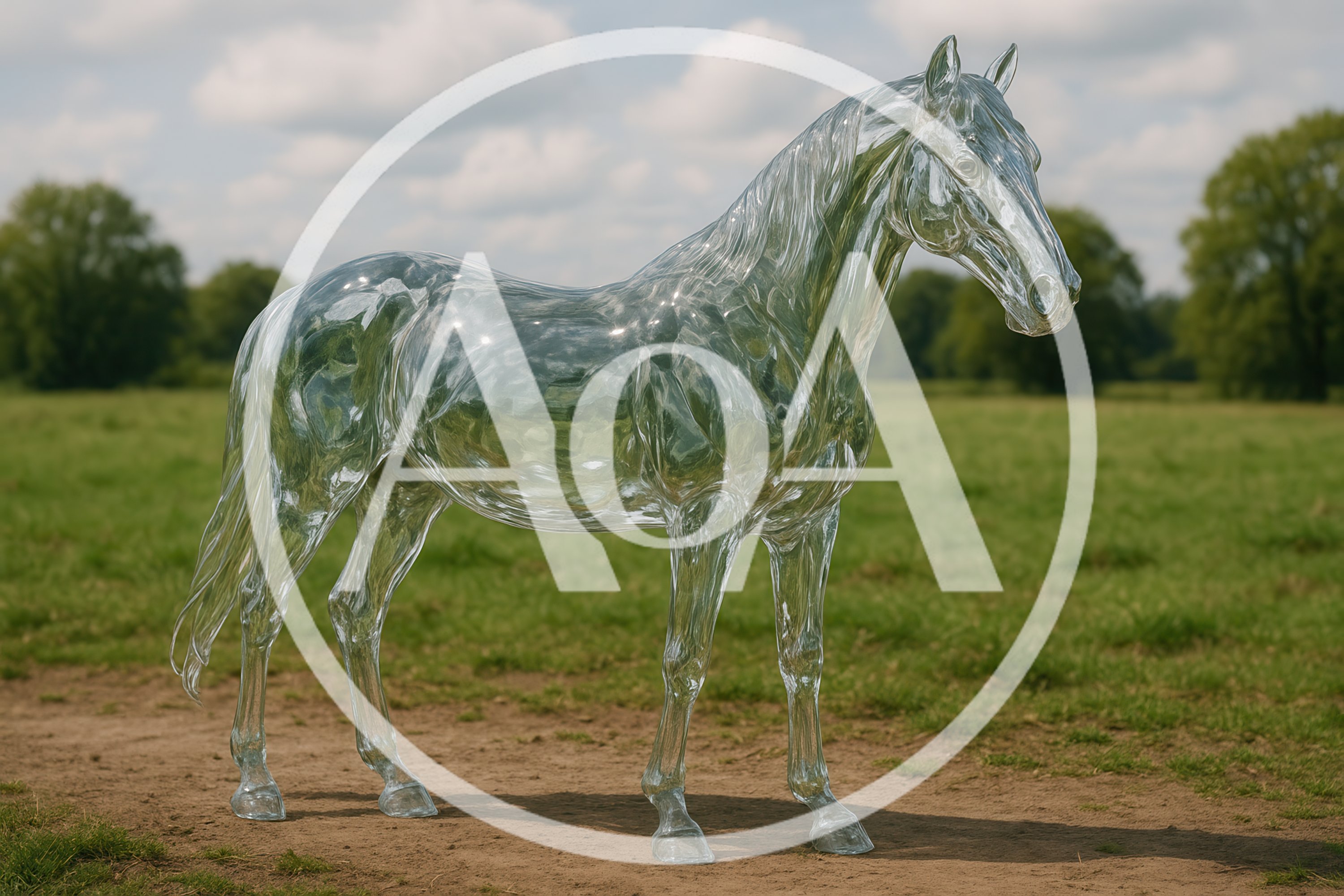 Transparent Glass Horse Sculpture Standing In A Field