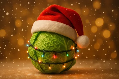 Christmas Cabbage Wearing A Santa Hat With Fairy Lights