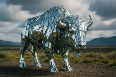 Mirrored Mosaic Bison Sculpture In Open Landscape