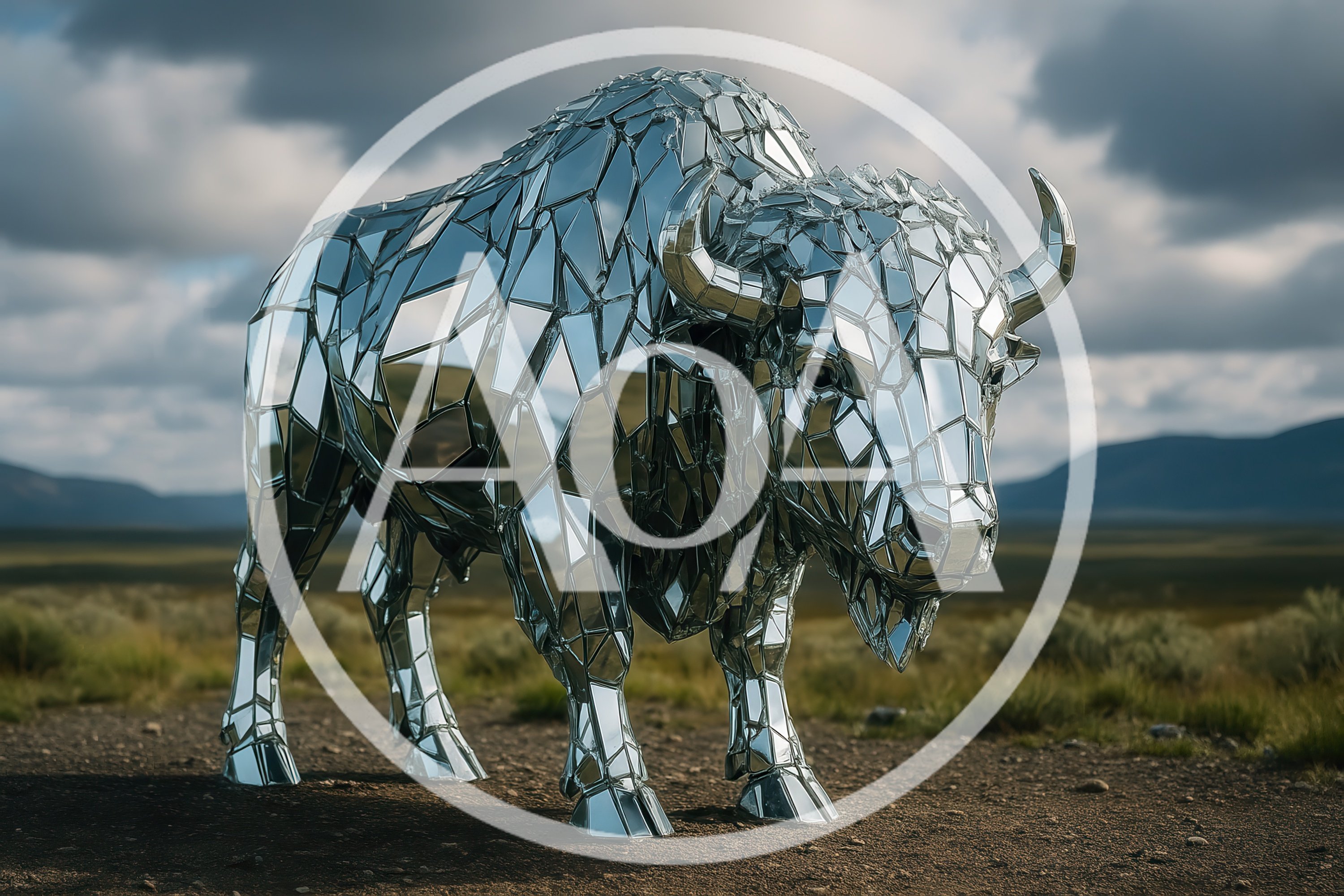 Mirrored Mosaic Bison Sculpture In Open Landscape