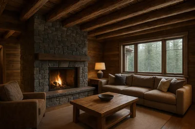 Cozy Rustic Living Room With Stone Fireplace