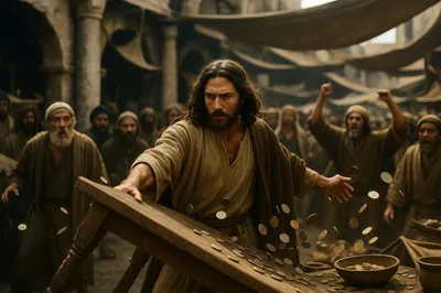 Jesus Overturning Tables in the Temple Marketplace