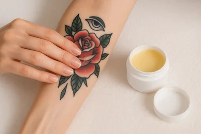 Woman Applying Tattoo Aftercare Cream To Her Arm