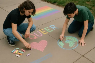 Two Young People Drawing Pride Art With Sidewalk Chalk