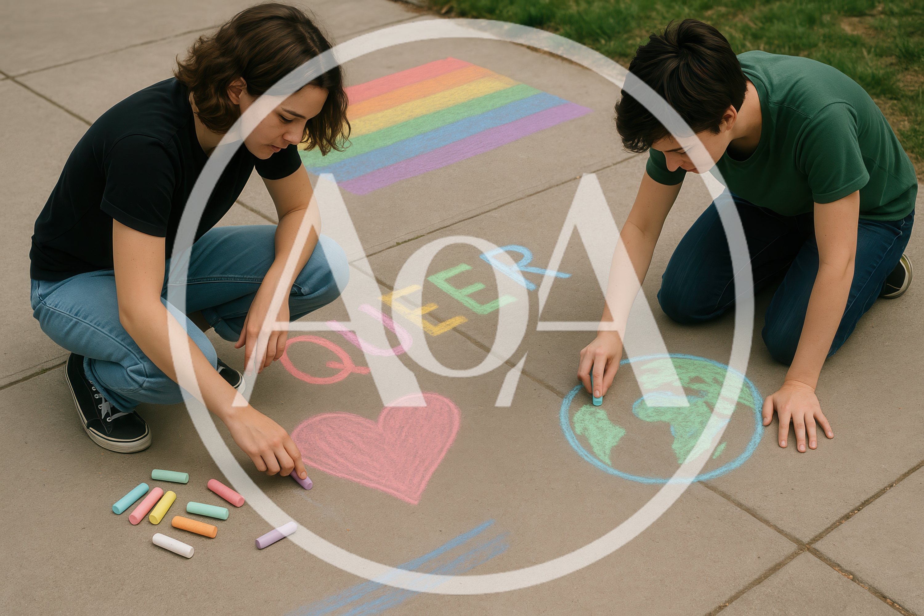 Two Young People Drawing Pride Art With Sidewalk Chalk