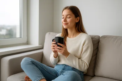Young Woman Relaxing With Coffee On A Sofa