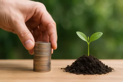 Hand Placing Coins Next To A Small Green Sprout