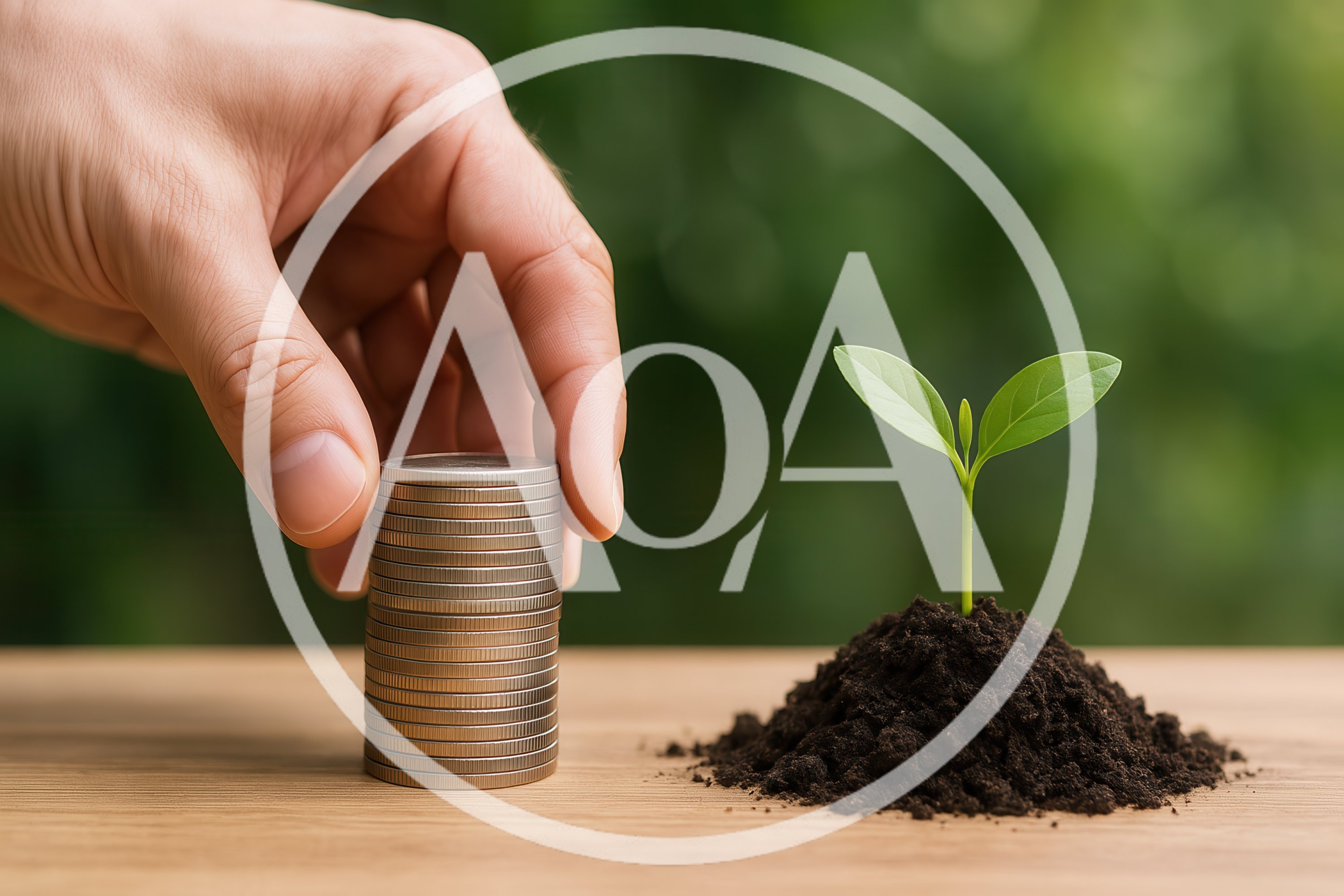 Hand Placing Coins Next To A Small Green Sprout
