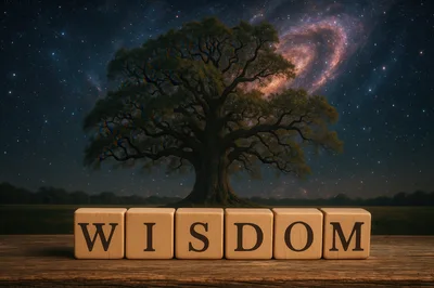 Wooden Blocks Spelling Wisdom Under A Starry Night Sky