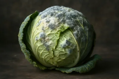 Moldy Green Cabbage Head on Dark Background