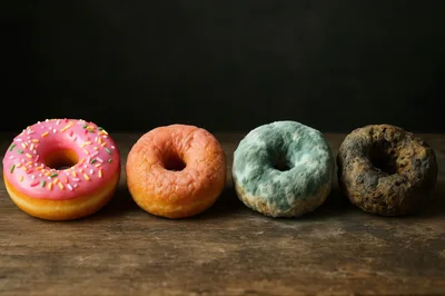 Four Donuts Showing Stages Of Decay On Wood