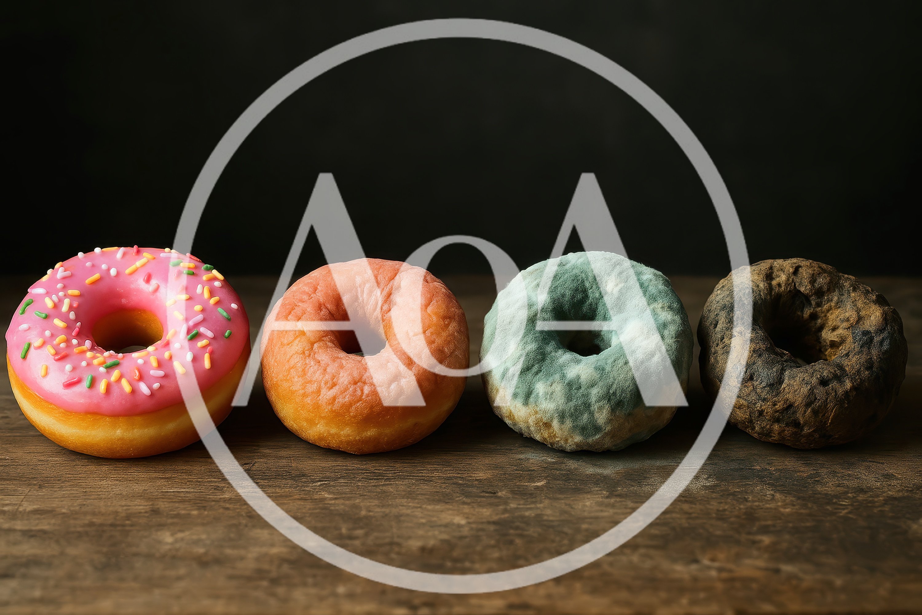 Four Donuts Showing Stages Of Decay On Wood