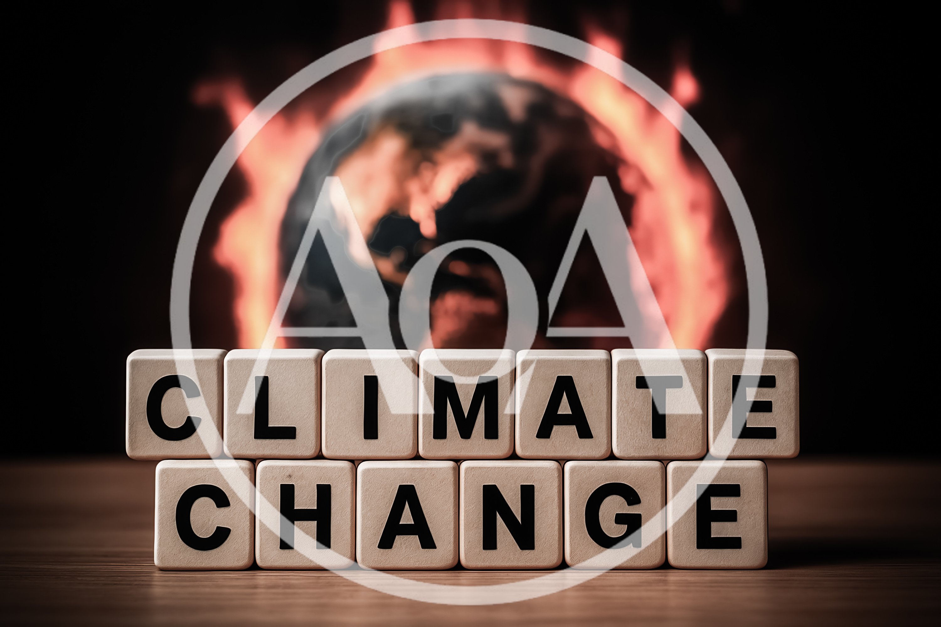 Climate Change Text On Wooden Blocks With Burning Earth