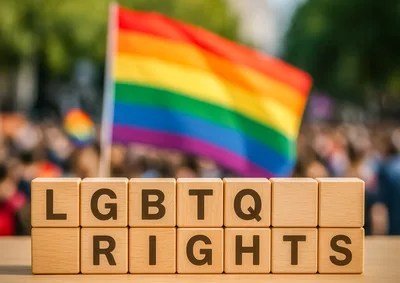 LGBTQ Rights Wooden Blocks With Pride Flag Background