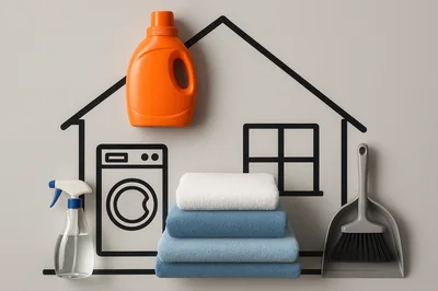 Laundry Supplies and Cleaning Tools Arranged Against House Illustration
