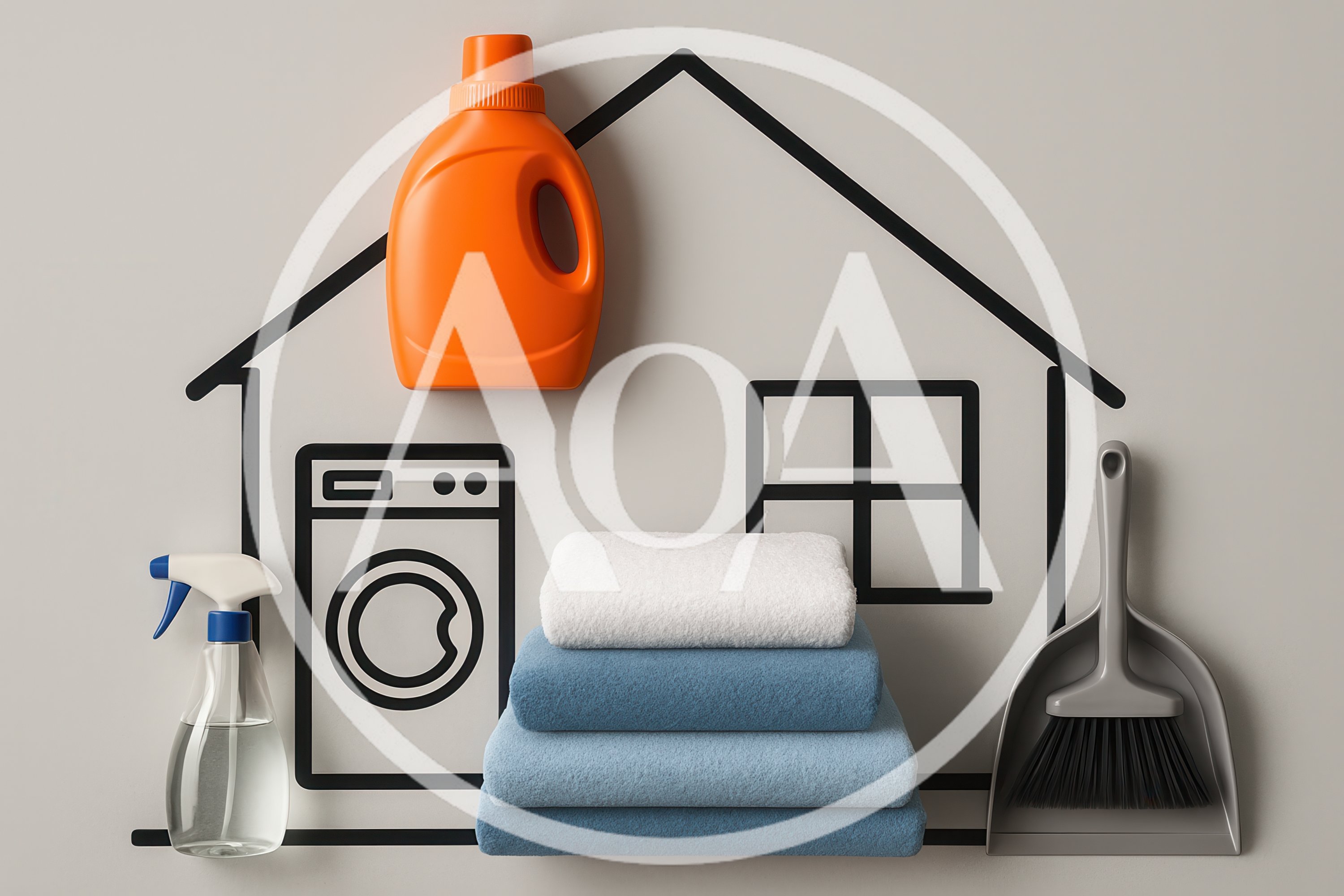Laundry Supplies and Cleaning Tools Arranged Against House Illustration