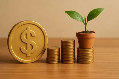 Gold Dollar Coin And Stacks Of Coins With Plant