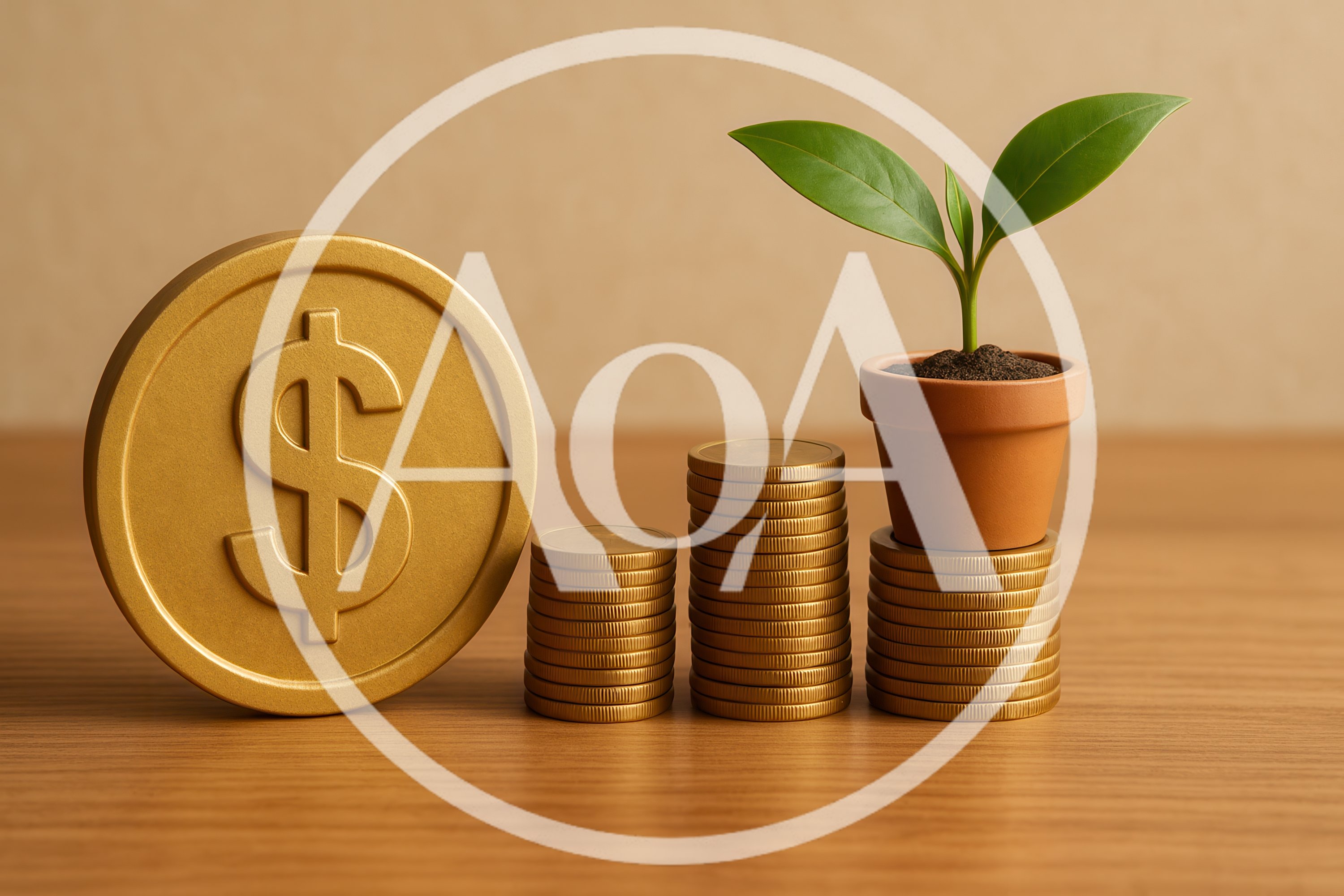 Gold Dollar Coin And Stacks Of Coins With Plant