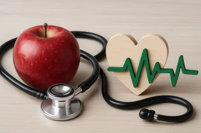 Stethoscope With Red Apple And Wooden Heart Symbol