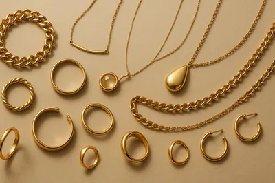 Collection of Gold Jewelry Pieces on Beige Background