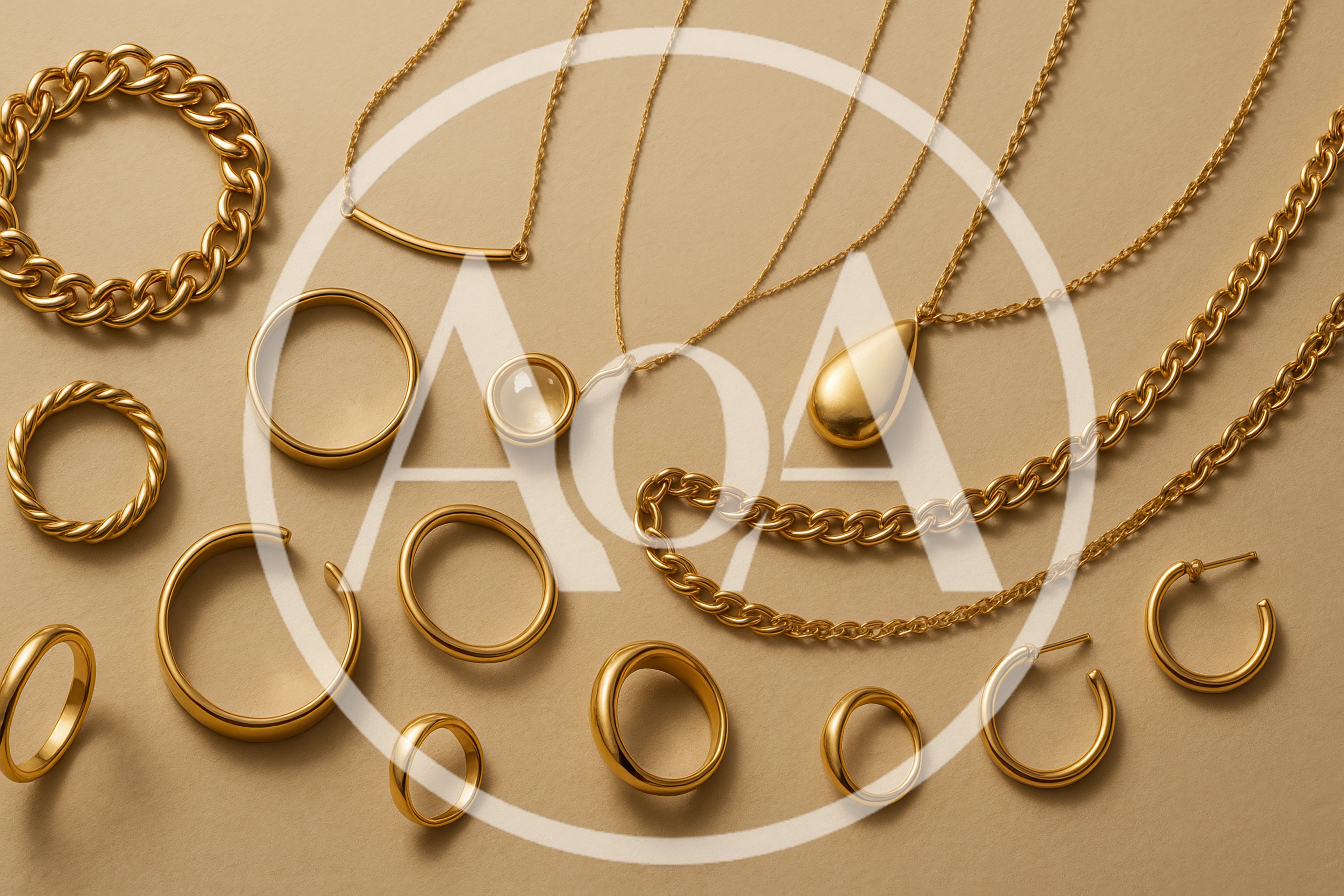 Collection of Gold Jewelry Pieces on Beige Background