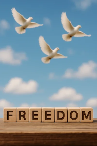 Wooden Blocks Spelling Freedom With Flying Doves