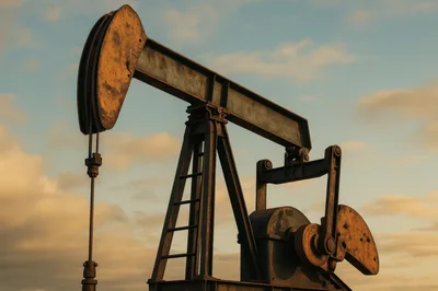 Rusty Oil Pump Jack Against Sunset Sky