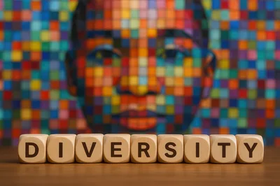 Wooden Blocks Spelling Diversity With Mosaic Face Background