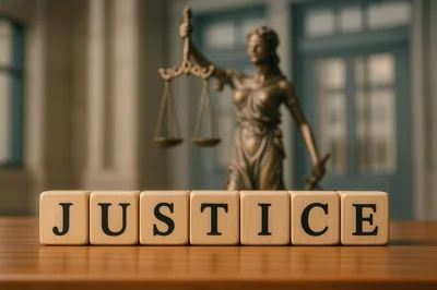 Wooden Blocks Spelling Justice With Lady Justice Statue