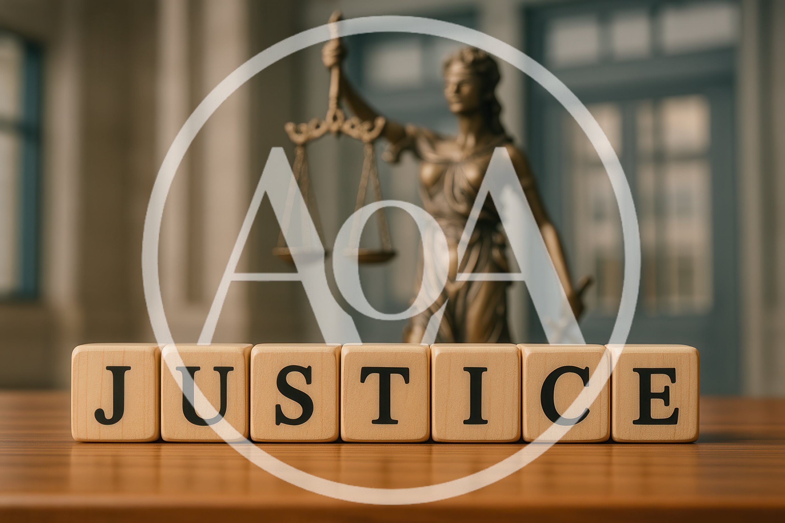 Wooden Blocks Spelling Justice With Lady Justice Statue
