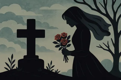 Woman Mourning at a Grave with Red Roses