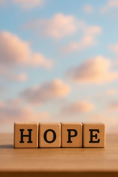 Wooden Blocks Spelling Hope Against A Sunset Sky