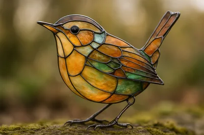 Stained Glass Wren Figurine On Mossy Log