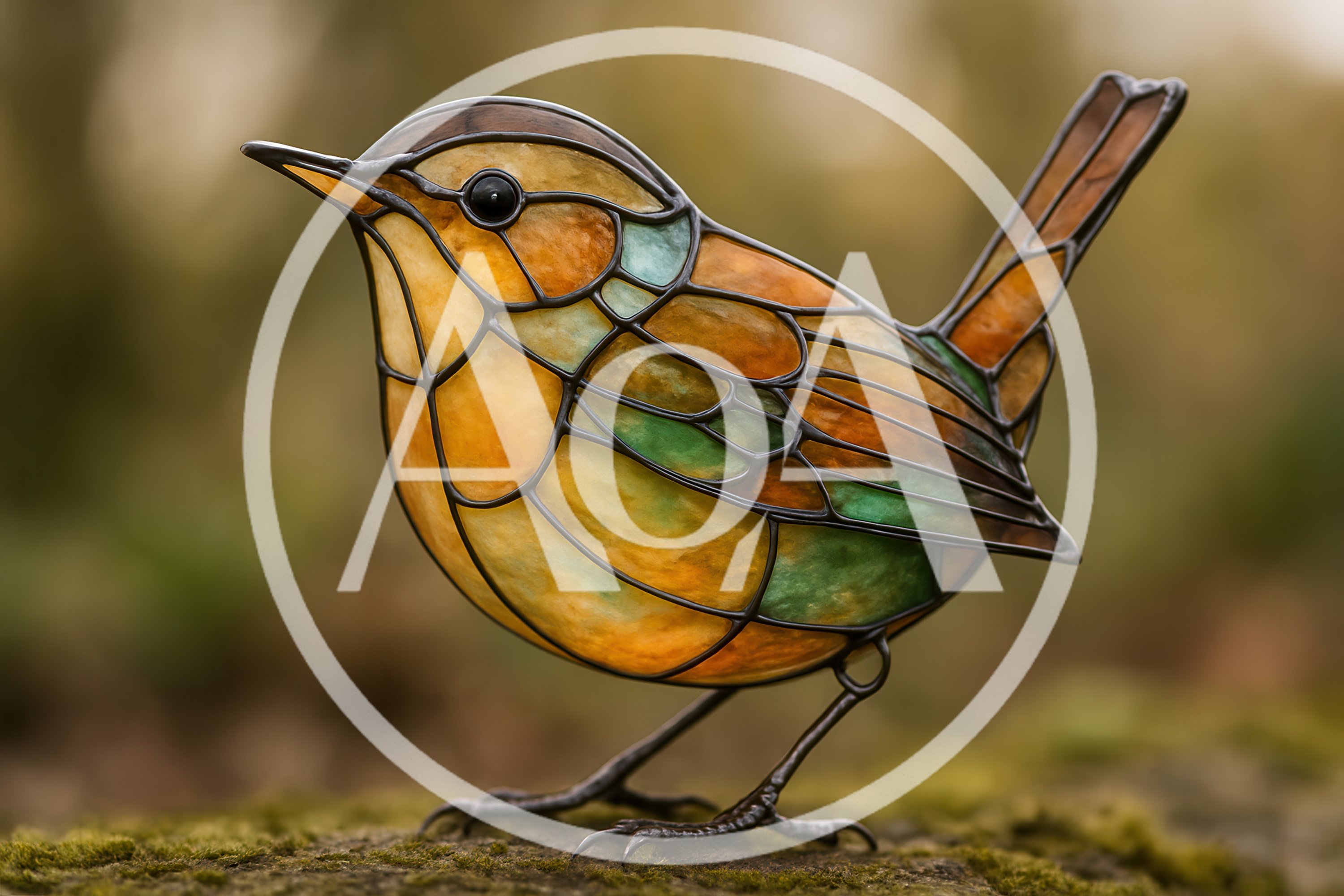 Stained Glass Wren Figurine On Mossy Log