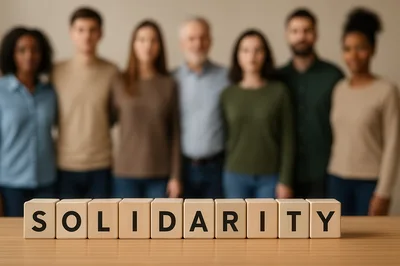 Diverse Group Standing Behind Solidarity Wooden Blocks