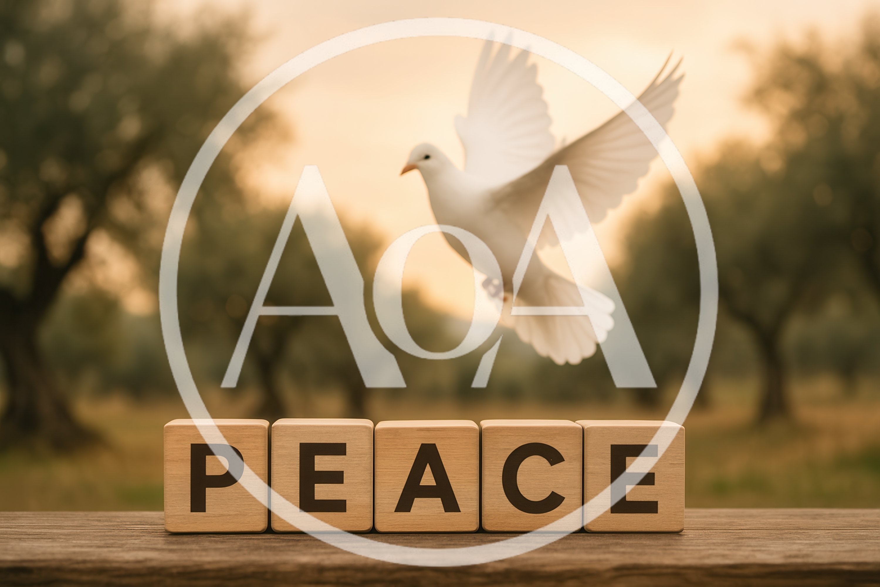 White Dove Flying Above Wooden Blocks Spelling Peace