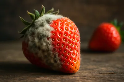 Moldy Strawberry On A Wooden Surface