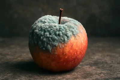 Single Moldy Red Apple On Dark Textured Surface